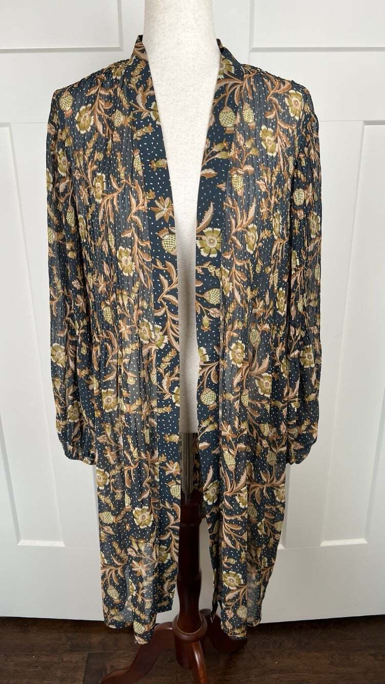 DR2 Duster Kimono XS S Floral Crinkle Pleated Longline Boho Lagenlook Fall